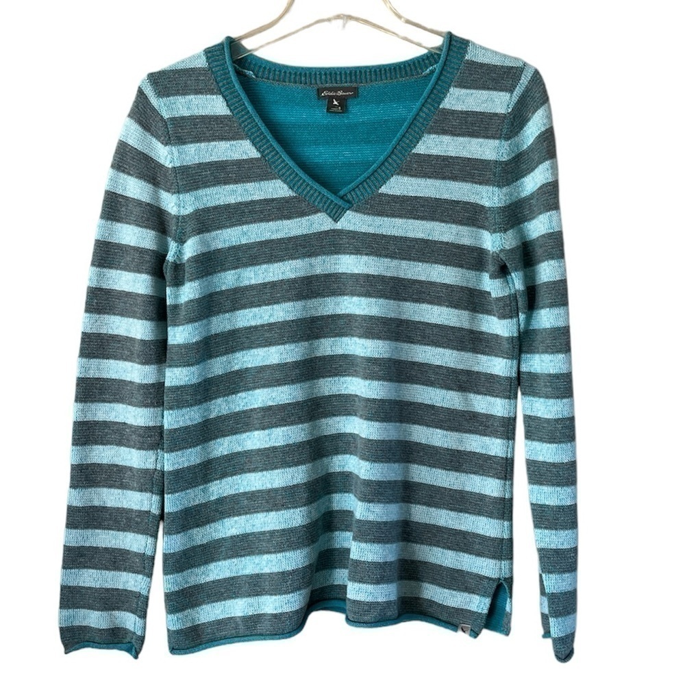 Eddie Bauer Turquoise Gray Striped V-neck Sweater Long Sleeves Size Small